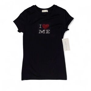 Black "I Love Me" written in rhinestone tee with rhinestone red heart XS New